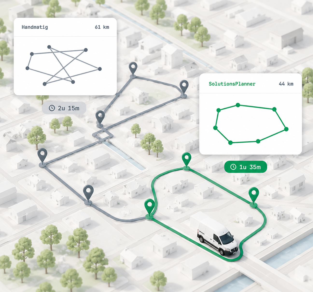 Kaart met handmatige route versus de geoptimaliseerde route van SolutionsPlanner